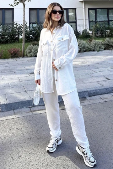 Kadın Ekru Çift Cepli Uzun Gömlek & Beli Lastikli Pantolon - Rahat Alt & Üst Takım
