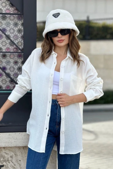 Kadın Ekru İthal Müslin Kumaş, Cepli Uzun Ve Salaş Tunik Gömlek