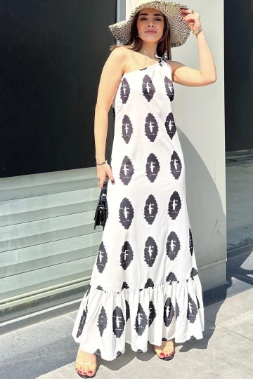 Kadın Ekru Tek Omuz İnce Askılı, Vucuda Oturan Kesim, Eteği Fırfırlı Uzun Mos Krep Elbise