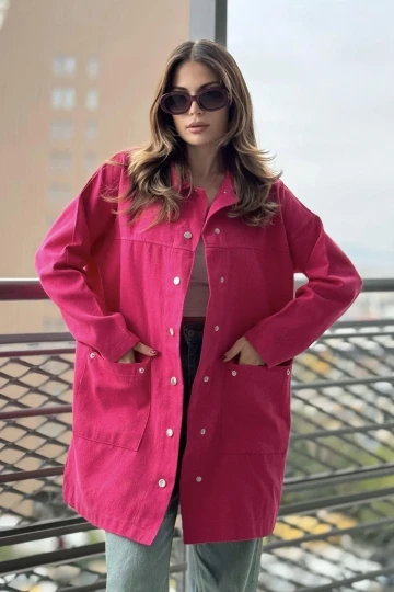 Kadın Fuşya Çift Cepli, Çıtçıt Düğmeli, Salaş Uzun Gabardin Ceket
