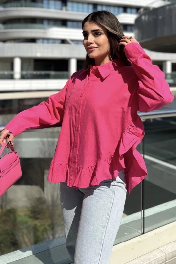 Kadın Fuşya Eteği Fırfır Ve Yırtmaç Detaylı, Terletmez Rahat Kumaş, Salaş Gömlek ( Pamuklu Keten)