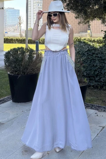 Kadın Gri Beli Lastikli, Cepleri Hasır İşlemeli, Rahat Kesim, Uzun Kiloş Etek