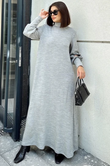 Kadın Gri Boğazlı, Uzun Kolları Manşet Ve Pencere Detaylı, A Kesim, Salaş, Uzun Elbise