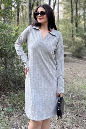 Kadın Gri Polo Yaka, Kendinden Desenli, Basic Kalıp, Uzun Kollu Midi Triko Elbise