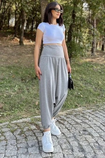 Kadın Gri Yüksek Bel, Paçası Lastikli, Salaş Örme Şalvar Pantolon