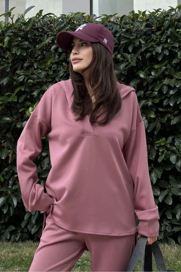 Kadın Gül Kurusu Scuba Kumaş, Salaş Kesim, Kapüşonlu Sweatshirt Bluz