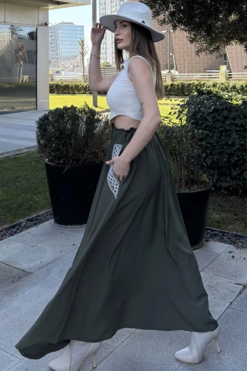 Kadın Haki Beli Lastikli, Cepleri Hasır İşlemeli, Rahat Kesim, Uzun Kiloş Etek