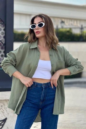 Kadın Haki İthal Müslin Kumaş, Cepli Uzun Ve Salaş Tunik Gömlek