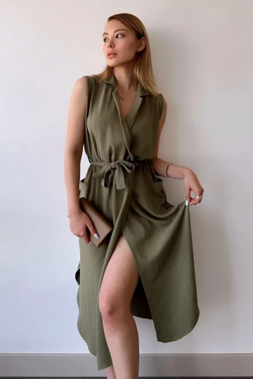 Kadın Haki Kalın Askılı, Kruvaze Yaka, Düz Desen, Aerobin Yırtmaçlı, Kemerli Midi Elbise