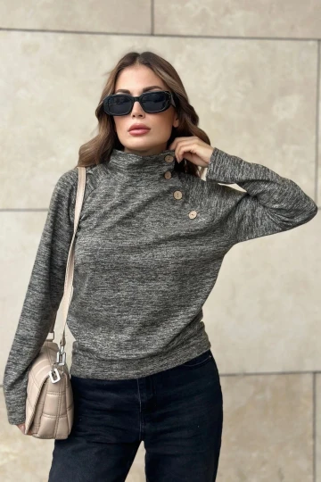 Kadın Haki Kendinden Desenli, Yumoş Kumaş, Uzun Kol, Düğme Detaylı, Boğazlı Bluz