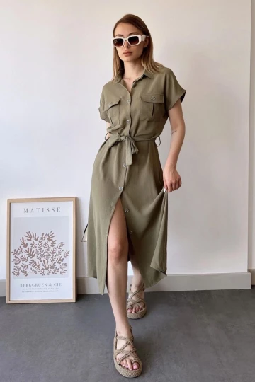 Kadın Haki Kısa Kol, Gömlek Yaka, Düz Desen, Çift Cepli, Aerobin Kumaş, Kuşaklı Maxi Elbise