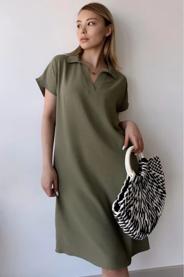 Kadın Haki Kısa Kol, Polo Yaka, Dokulu Desen, Basic Kalıp/Kesim, Aerobin Rahat Midi Elbise