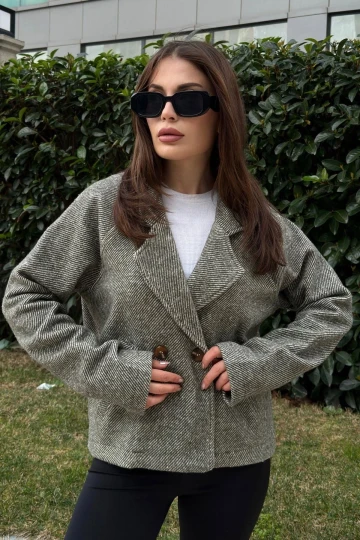 Kadın Hakı Kruvaze Yaka, Çift Düğme, Rahat Kalıp, Fitilli Kaşe Kumaş Ceket