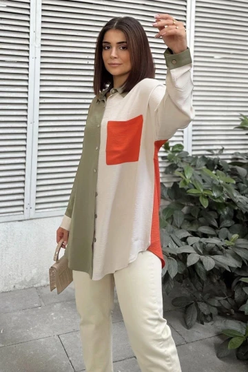 Kadın Haki & Oranj Uzun Kol Detaylı Renk Bloklu Oversize Gömlek Cepli Uzun Tunik Gömlek