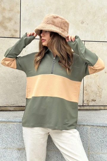 Kadın Haki Uzun Kol, Dik Yaka, Fermuarlı, Double Color Block Basic Sweatshirt Bluz