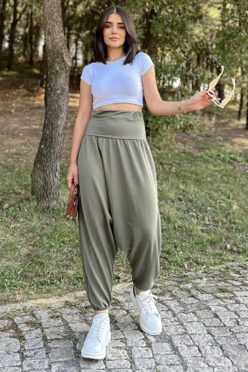 Kadın Haki Yüksek Bel, Paçası Lastikli, Salaş Örme Şalvar Pantolon