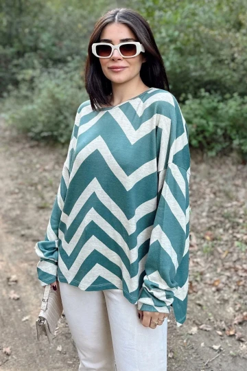 Kadın Haki Yuvarlak Yaka, Uzun Kollu, Zigzag Desenli, Salaş Bluz