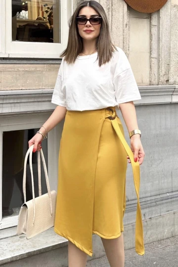 Kadın Hardal Asimetrik Kesim, Toka Ve Yandan Bağlama Detaylı, Scuba Etek