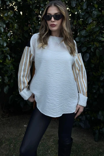 Kadın Hardal Color Block, Eteği Oval Kesim, Salaş Keten Bluz