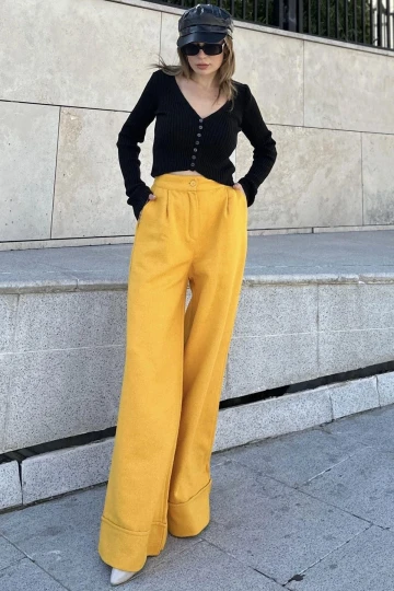 Kadın Hardal Duble Paça, Beli Pliseli, Fitilli Kaşe Kumaş, İspanyol Pantolon