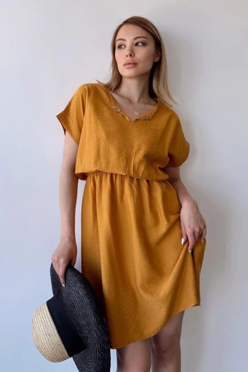 Kadın Hardal Kısa Kol, Kalp Yaka, Dokulu Desen, Bele Oturan, Aerobin Lastikli Bel Midi Elbise