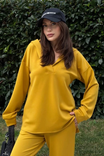 Kadın Hardal Scuba Kumaş, Salaş Kesim, Kapüşonlu Sweatshirt Bluz