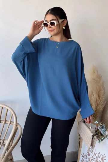 Kadın İndigo Airobin Yarasa Duble Kol Salaş Bluz Ekstra Oversize Yuvarlak Yaka - Tesettüre Uygun