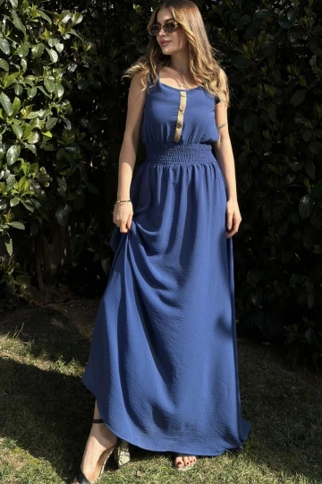 Kadın İndigo Beli Gipeli, Askılı, Salaş Kesim, Airobin Uzun Elbise