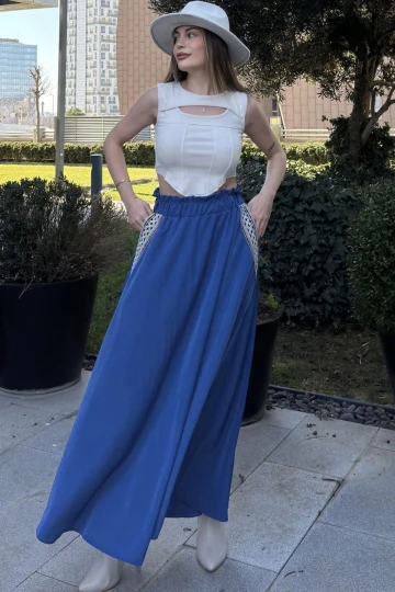 Kadın İndigo Beli Lastikli, Cepleri Hasır İşlemeli, Rahat Kesim, Uzun Kiloş Etek