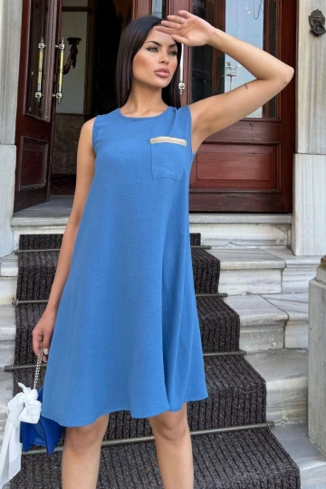 Kadın İndigo Hasır Cep Detaylı, Arka Düğme Kapama, Midi, Kloş Airobin Elbise