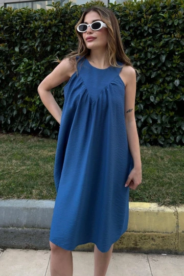 Kadın İndigo Kalın Askılı, Cep Ve Plise Yaka Detaylı, A Kesim, Salaş Midi Elbise