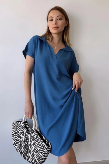 Kadın İndigo Kısa Kol, Polo Yaka, Dokulu Desen, Basic Kalıp/Kesim, Aerobin Rahat Midi Elbise