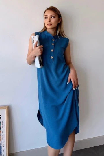 Kadın İndigo Kolsuz, Dik Yaka, Düz Renk Desen, Tek Cepli, A-line Kesim, Düğme Detaylı Midi Elbise