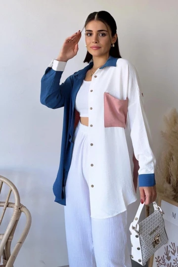 Kadın İndigo & Pudra Uzun Kol Detaylı Renk Bloklu Oversize Gömlek Cepli Uzun Tunik Gömlek
