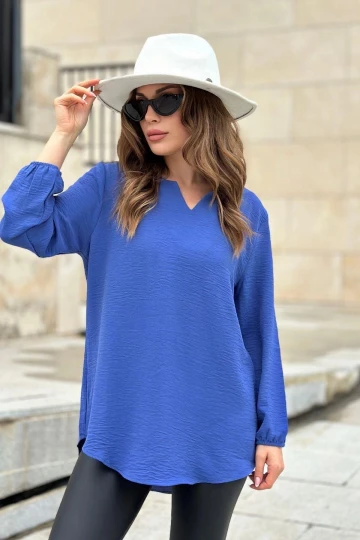Kadın İndigo Uzun Truvakar Kol, Öpücük Yaka, Basic Kesim Bluz - Tesettüre Uygun