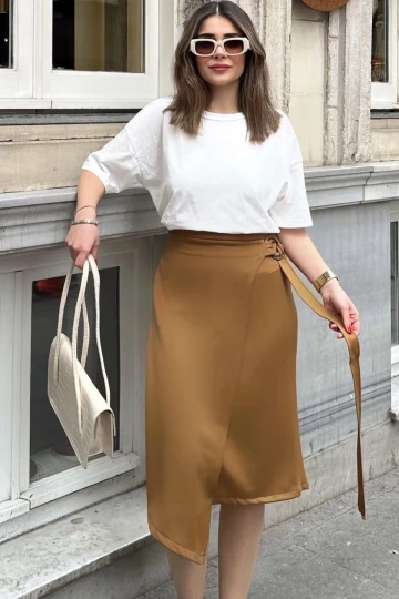 Kadın Kahve Asimetrik Kesim, Toka Ve Yandan Bağlama Detaylı, Scuba Etek