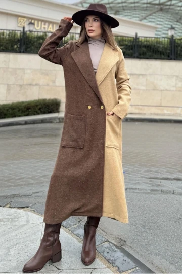 Kadın Kahve & Camel Color Block, Çift Kese Cep, Gold Düğme Detaylı Uzun Kaşe Kaban (Astarsız)
