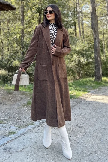 Kadın Kahve Çift Cepli, Beli Kemerli, Düğmesiz, Uzun Kaşe Kaban