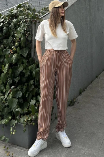 Kadın Kahve Çizgili, Beli Lastikli, Cepli, Salaş Spor Pantolon