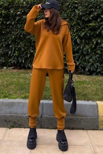 Kadın Kahve Scuba Kumaş, Rahat Kalıp, Pliseli Dar Paça Eşofman Altı