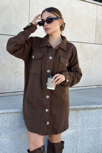 Kadın Kahve Uzun Kol, Çift Cepli, Eteği Oval Kesim, Kaşe Gömlek Elbise