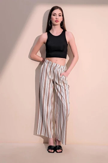 Kadın Kahverengi Dik Çizgili Beli Lastikli Cepli Salaş Keten Pantolon - Tesettüre Uygun