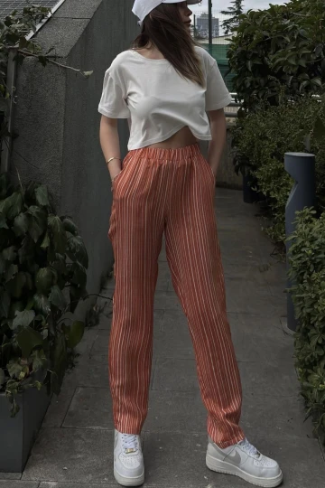 Kadın Kiremit Çizgili, Beli Lastikli, Cepli, Salaş Spor Pantolon