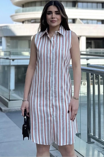 Kadın Kiremit Çizgili Desen, İthal Kumaş, Kolsuz, Rahat Kesim, Midi Gömlek Elbise