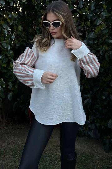 Kadın Kiremit Color Block, Eteği Oval Kesim, Salaş Keten Bluz