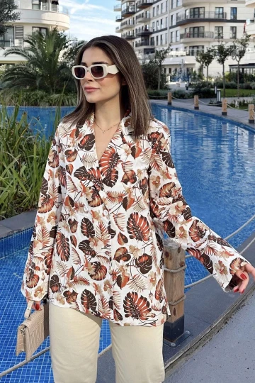 Kadın Kiremit Desenli, Uzun Kol, Düğme Kapamalı, Kruvaze Ceket