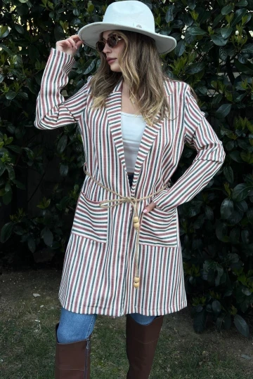 Kadın Kiremit & Ekru Çizgili, Hasır İp Kemerli, İki Cepli, Uzun Keten Ceket
