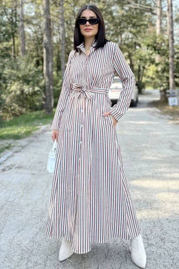 Kadın Kiremit & Ekru Çizgili Uzun Kol, Rahat Beli Kemerli, Cepli, Keten, Maksi Gömlek Elbise