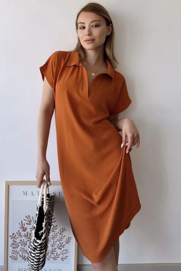 Kadın Kiremit Kısa Kol, Polo Yaka, Dokulu Desen, Basic Kalıp/Kesim, Aerobin Rahat Midi Elbise