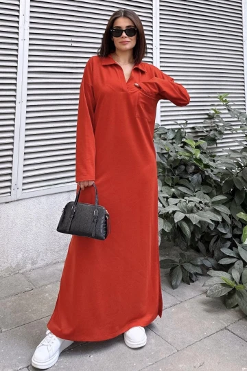 Kadın Kiremit Polo Yaka, Uzun Kol, Cepli, Yırtmaçlı, Salaş, Maksi Boy, Örme Elbise